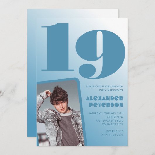 青グラデーション19th誕生日招待状Boy Photo 招待状 (正面/裏面)