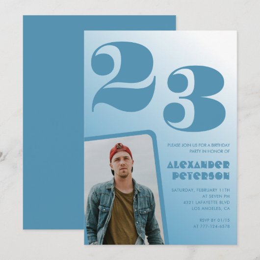 青グラデーション23歳の誕生日招待状Him写真 招待状 (正面/裏面)