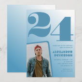 青グラデーション24th誕生日招待状Boy Photo 招待状 (正面/裏面)