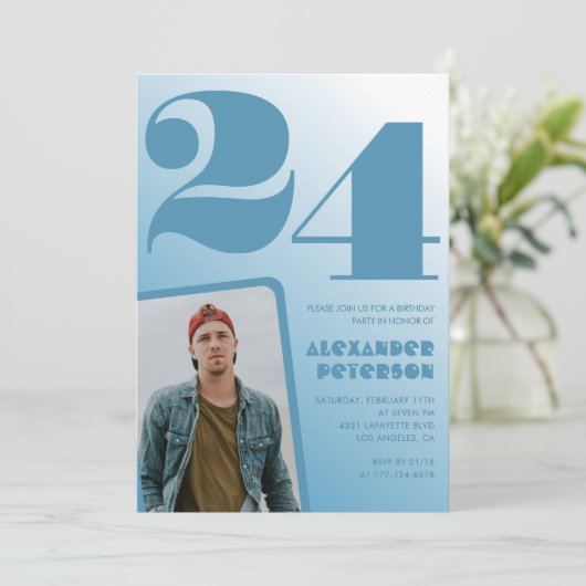 青グラデーション24th誕生日招待状Him写真 招待状 (スタンド正面)