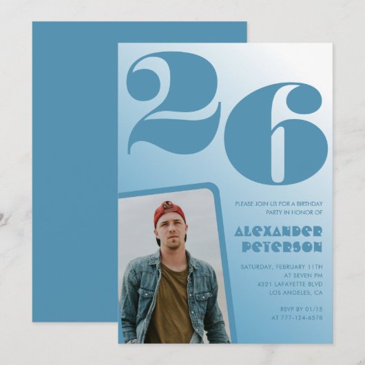 青グラデーション26th誕生日招待状Boy Photo 招待状 (正面/裏面)