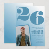 青グラデーション26th誕生日招待状Boy Photo 招待状 (正面/裏面)