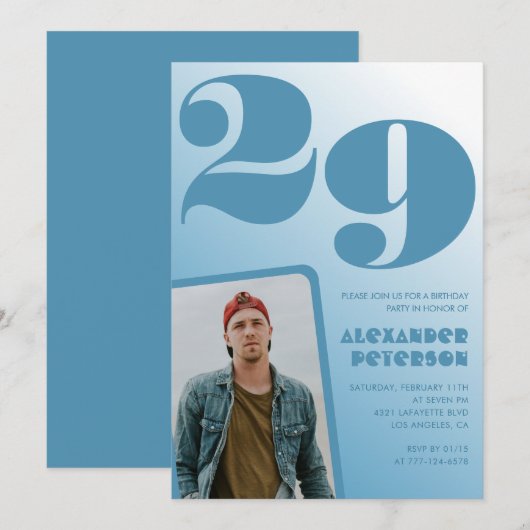 青グラデーション29th誕生日招待状Boy Photo 招待状 (正面/裏面)