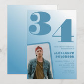 青グラデーション34th誕生日招待状メンズ写真 招待状 (正面/裏面)