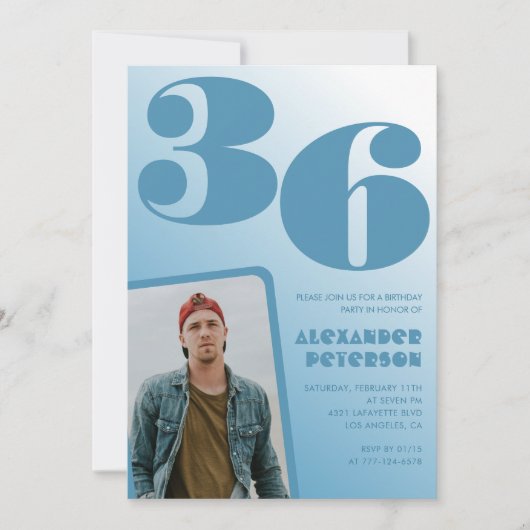 青グラデーション36th誕生日招待状メンズ写真 招待状 (正面)