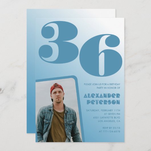 青グラデーション36th誕生日招待状メンズ写真 招待状 (正面/裏面)