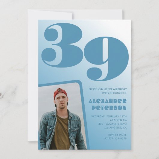 青グラデーション39th誕生日招待状メンズ写真 招待状 (正面)