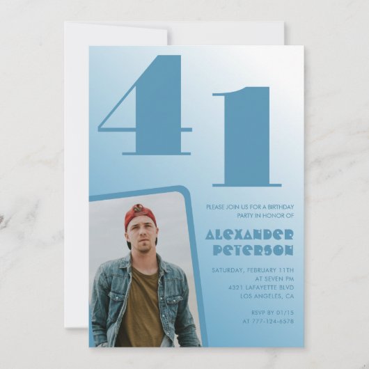 青グラデーション41歳の誕生日招待状メンズ写真 招待状 (正面)