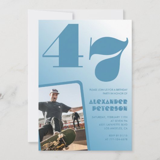 青グラデーション47th誕生日招待状メンズ写真 招待状 (正面)