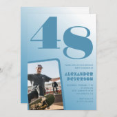 青グラデーション48th誕生日招待状メンズ写真 招待状 (正面/裏面)