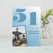青グラデーション51歳の誕生日招待状メンズ写真 招待状 (スタンド正面)