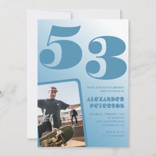青グラデーション53歳の誕生日招待状メンズ写真 招待状 (正面)