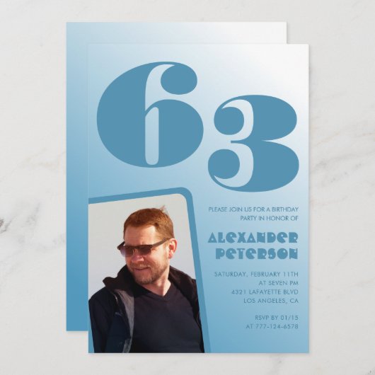 青グラデーション63歳の誕生日招待状メンズ写真 招待状 (正面/裏面)