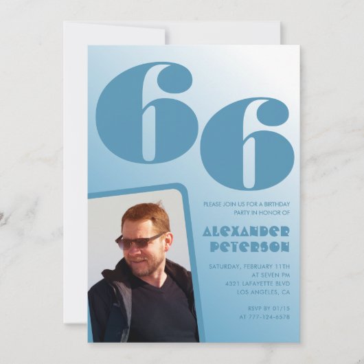 青グラデーション66th誕生日招待状メンズ写真 招待状 (正面)