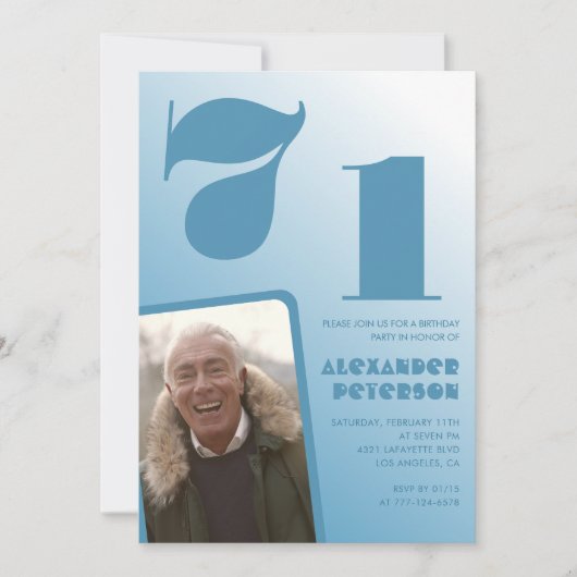 青グラデーション71歳の誕生日招待状メンズ写真 招待状 (正面)