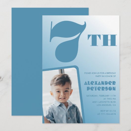 青グラデーション7th誕生日招待状写真 招待状 (正面/裏面)