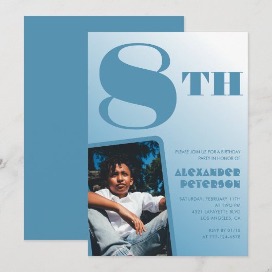 青グラデーション8th誕生日招待状写真 招待状 (正面/裏面)
