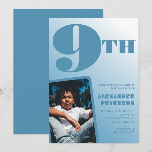 青グラデーション9th誕生日招待状写真 招待状 (正面/裏面)