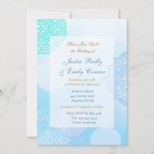 青グラデーション、ティール（緑がかった色）、白マンダラエレガントな結婚式 招待状 (正面)
