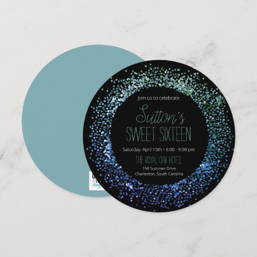 青グリッター円 招待状 (正面/裏面)