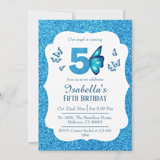 青グリッター鮮やか可愛いきらめく5歳の誕生日 招待状 (正面)