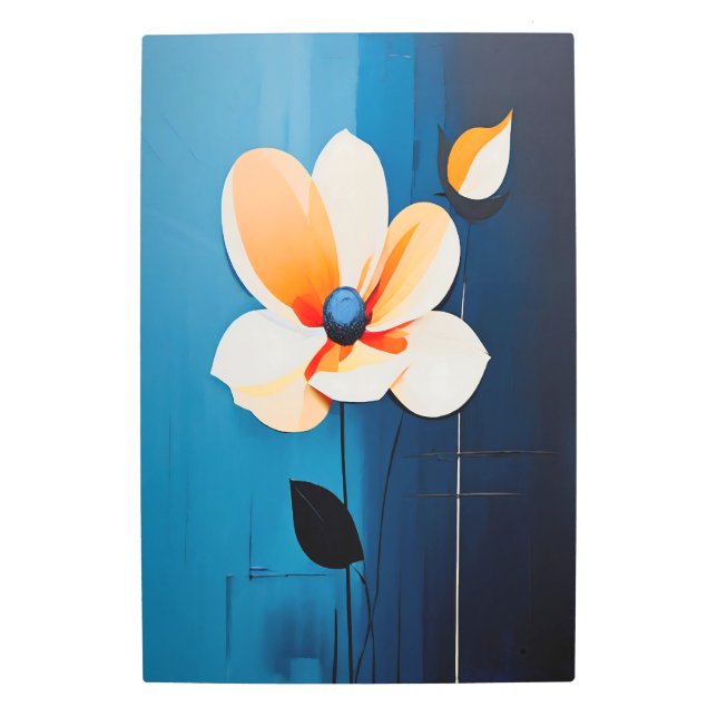 青コンテンポラリーとオレンジのフローラメタルウォール メタルプリント (正面)