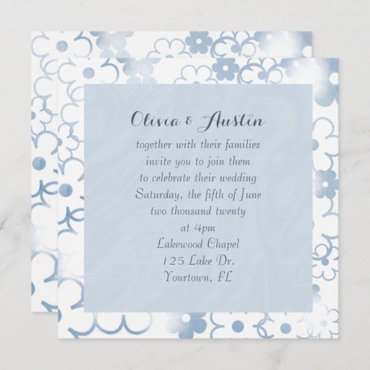 青コンテンポラリーフローラ結婚デザイン 招待状 (正面/裏面)