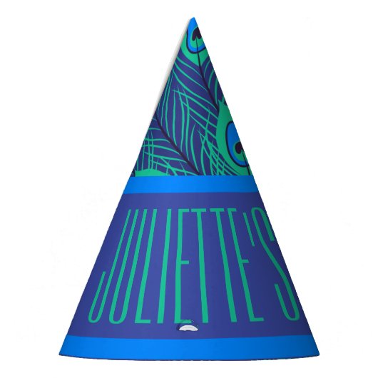 青コンテンポラリー緑色クジャク羽模様 パーティーハット (左)