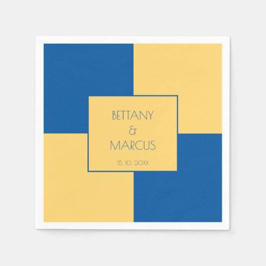 青コンテンポラリー色と黄市松模様に色 スタンダードカクテルナプキン (正面)