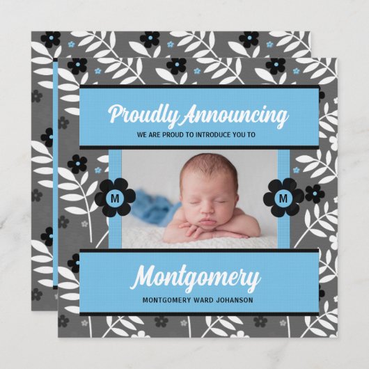 青コンテンポラリー色誕生発表ベビー写真 案内状 (正面/裏面)