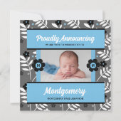 青コンテンポラリー色誕生発表ベビー写真 案内状 (正面)