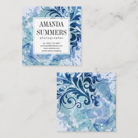 青コンテンポラリー芸術的 スクエア名刺 (正面/裏面)