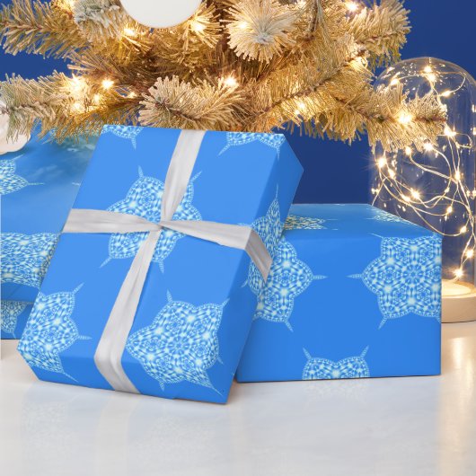 青コンテンポラリー雪片パターン ラッピングペーパー (クリスマス)
