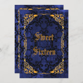青ゴシック&金ゴールド額縁スイート16 招待状 (正面/裏面)