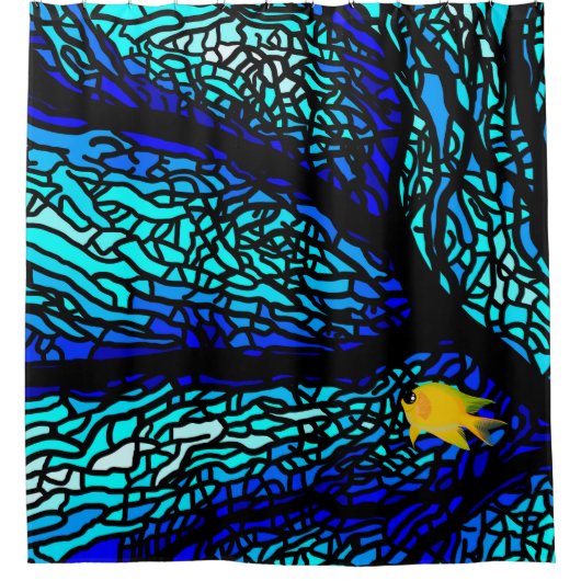 青サンゴ模様の黄色魚 シャワーカーテン (正面)