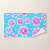 青シンプルとピンクの花柄 バスタオルセット (ハンドタオル)