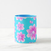 青シンプルとピンクの花柄 マグカップ (中央)