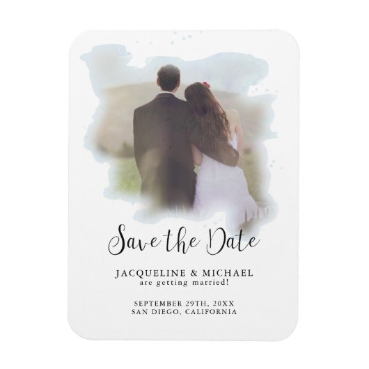 青シンプルエレガントモダンScript Water color Photo マグネット (縦)