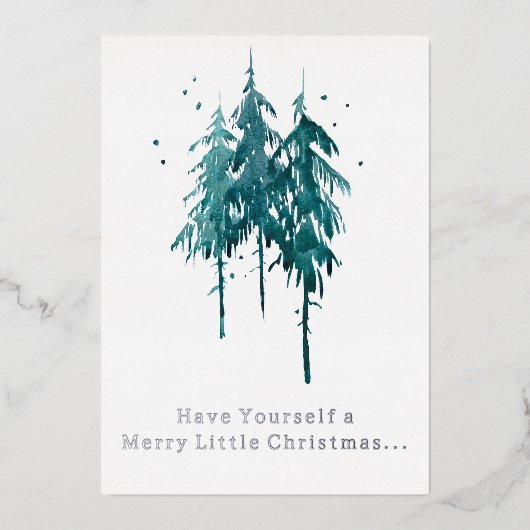青シンプル緑の水色の松の木クリスマス 箔シーズンカード (正面)