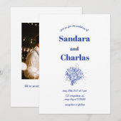 青シンプル線お洒落結婚の 招待状 (正面/裏面)