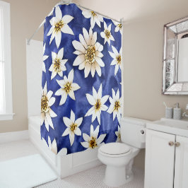 青シンプル背景に白い花の水彩 シャワーカーテン