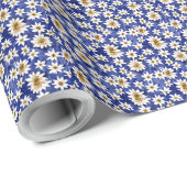 青シンプル背景に白い花の水彩 ラッピングペーパー (ロールコーナー)