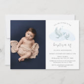 青シンプル色の水色の鳥の写真クロスバプテスマ 招待状 (正面)