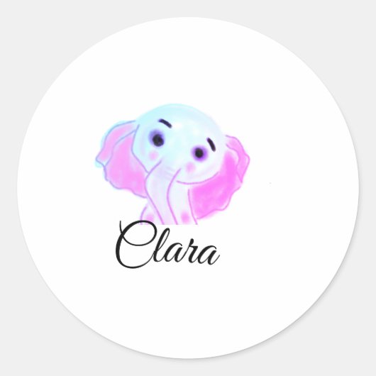 青シンプル色ピンクベビーゾウの水色の追加の名前 ラウンドシール (正面)