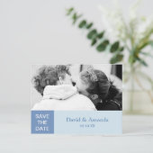 青シンプル色ブロックカップル写真の日付を保存 案内ポストカード (スタンド正面)