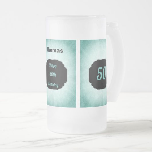 青スタイリッシュと黒50番目の誕生日デザイン フロストグラスビールジョッキ (正面右)
