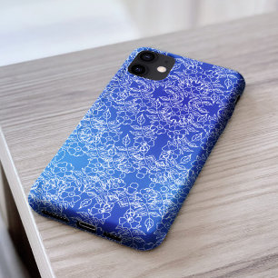 青スタイリッシュに白い花の模様が渦巻く iPhone 11 ケース