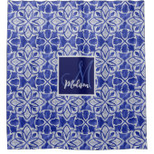 青スタイリッシュガーリー灰色イニシャルモノグラムの シャワーカーテン (正面)