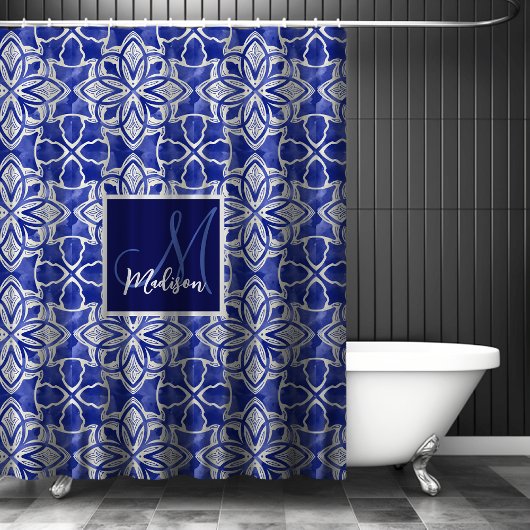 青スタイリッシュガーリー灰色イニシャルモノグラムの シャワーカーテン