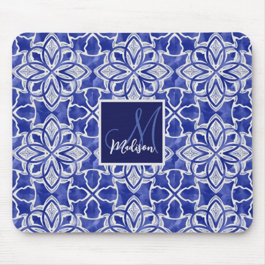 青スタイリッシュガーリー灰色イニシャルモノグラムの マウスパッド (正面)